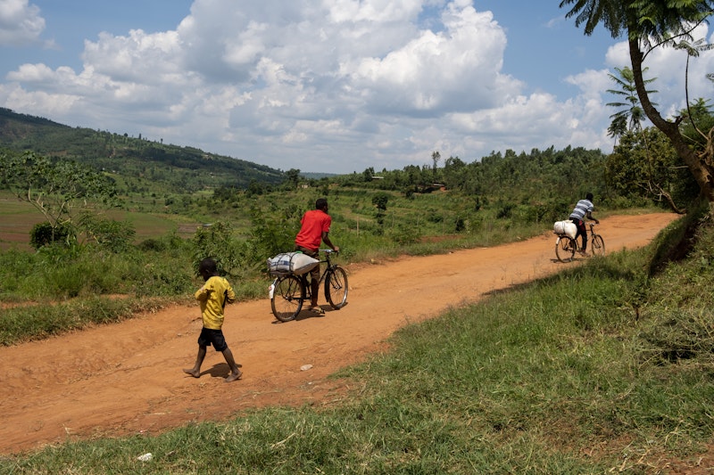 Men transport produce on loaded bicycles