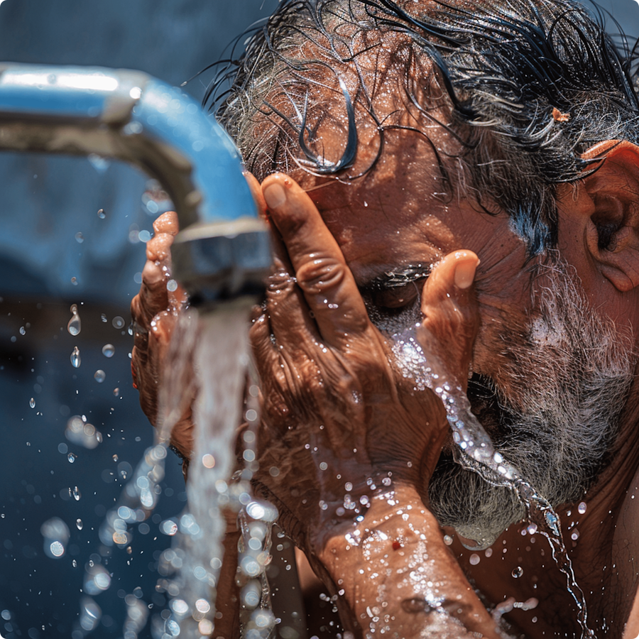 A man cools off by a tap